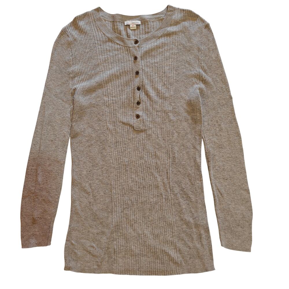 Gap Ribbed Henley Top Beige Long Sleeve Button Front Knit Size M